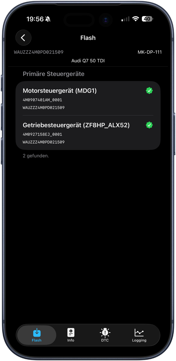 Diesel+ App auf dem iPhone – Flash-Ansicht mit Motor- und Getriebesteuergerät eines Audi Q7 50 TDI